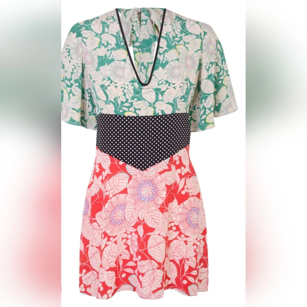 Topshop Floral Polka Dot Mixed Print Open Back Aline Mini Dress